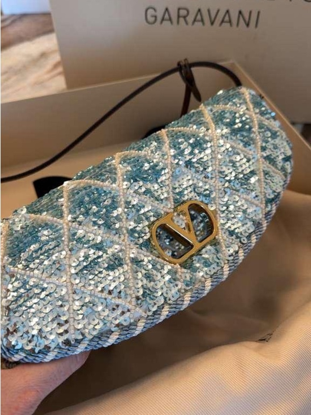 Valentino Garavani Light Blue Sequin Quilted Clutch with Gold Logo - Picture 2 of 5
